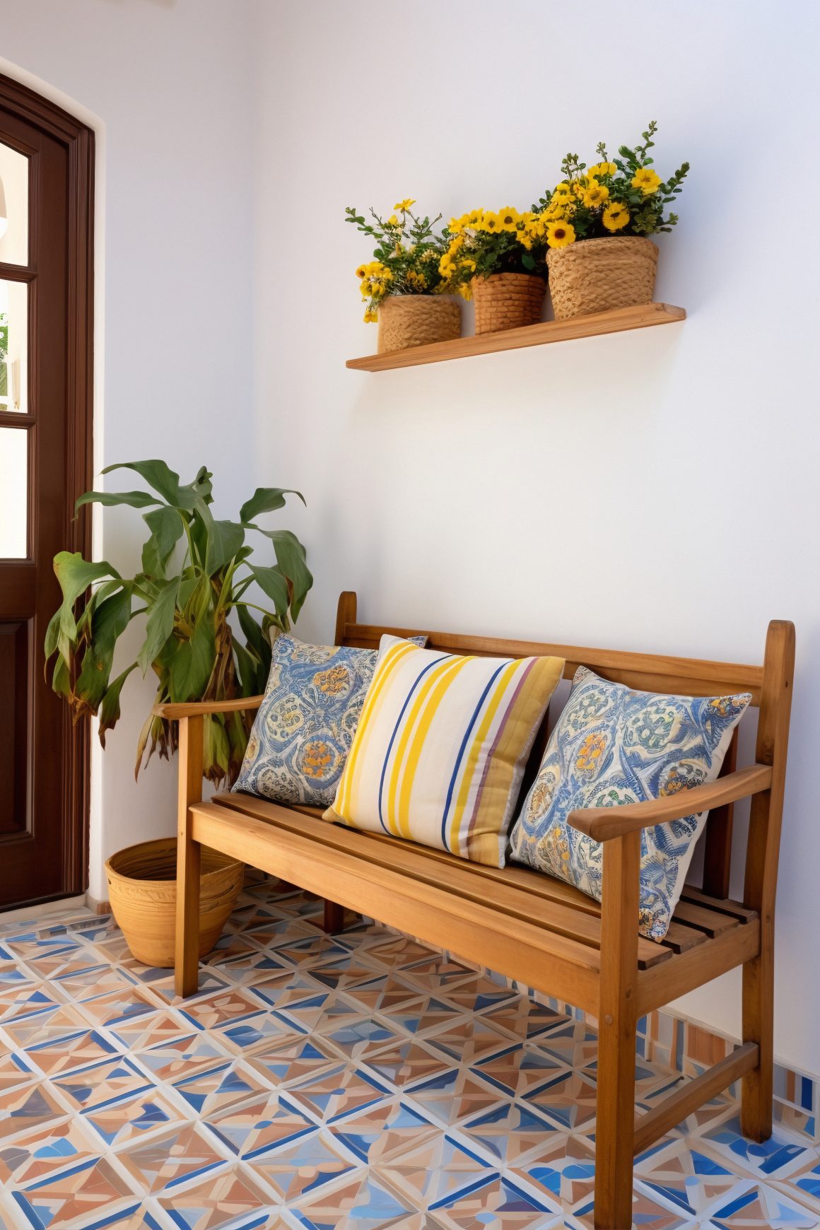 La véranda dévoile un banc en bois avec des coussins bleus et jaunes, entouré de plantes vertes