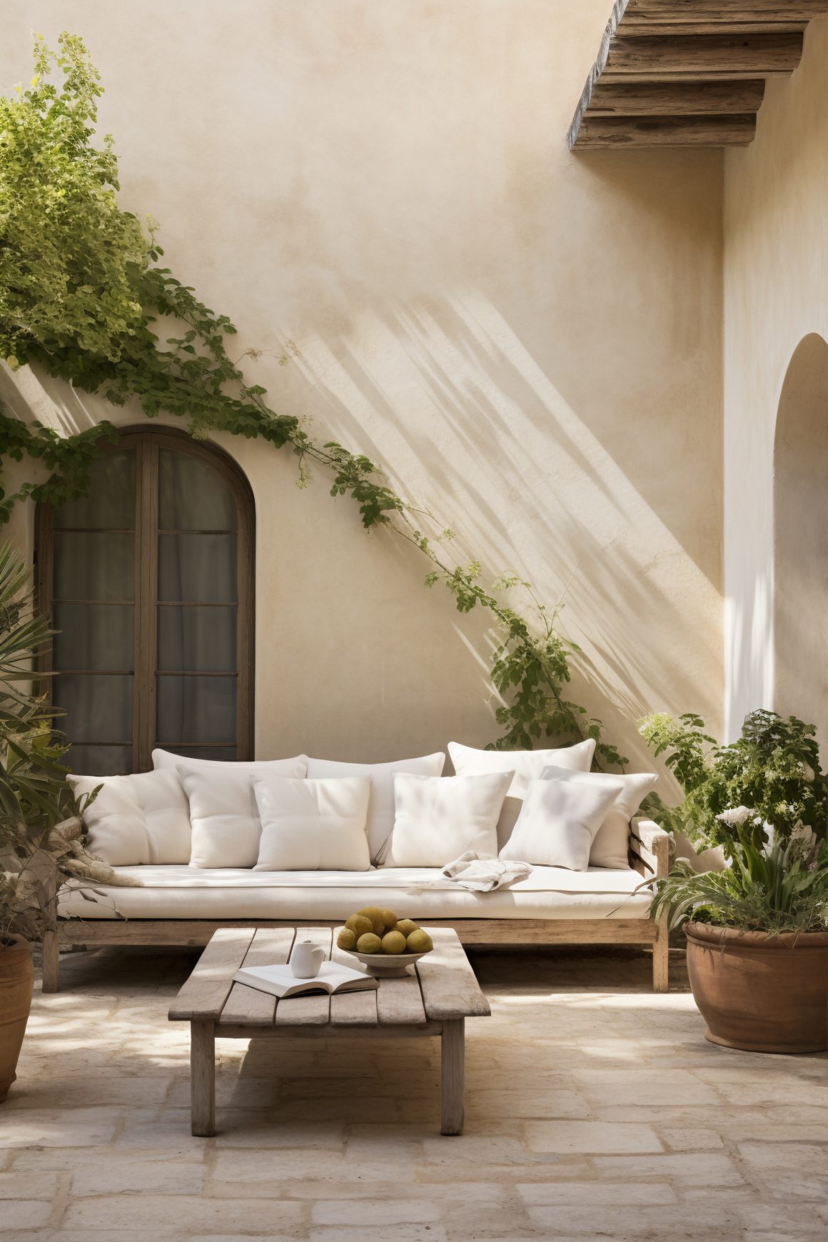Couleur pour veranda beige avec un canapé blanc, des coussins décoratifs et des plantes vertes