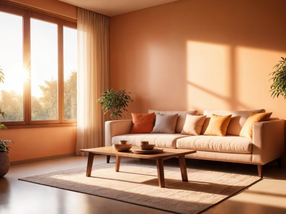 Salon lumineux avec un canapé beige, des coussins orange, une table basse en bois, et un mur salon terracotta.