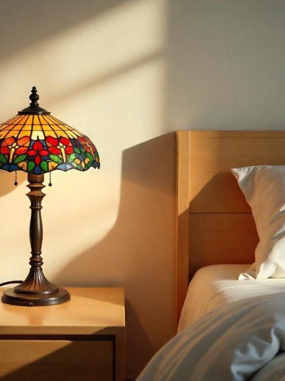 lampe de chevet vintage colorée sur pied en bois dans une chambre moderne