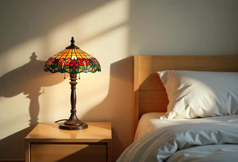 lampe de chevet vintage colorée sur pied en bois dans une chambre moderne