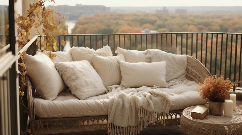 une terrasse qui offre une superbe vue, agrémentée d'un confortable canapé et de coussins couleur lin