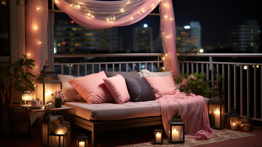une décoration balcon étroit avec un grand canapé confortable, orné de coussins, avec un ciel de lit, des lanternes et des guirlandes lumineuses