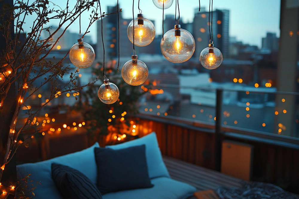 un petit balcon avec un confortable canapé, des luminaires globes et des guirlandes lumineuses