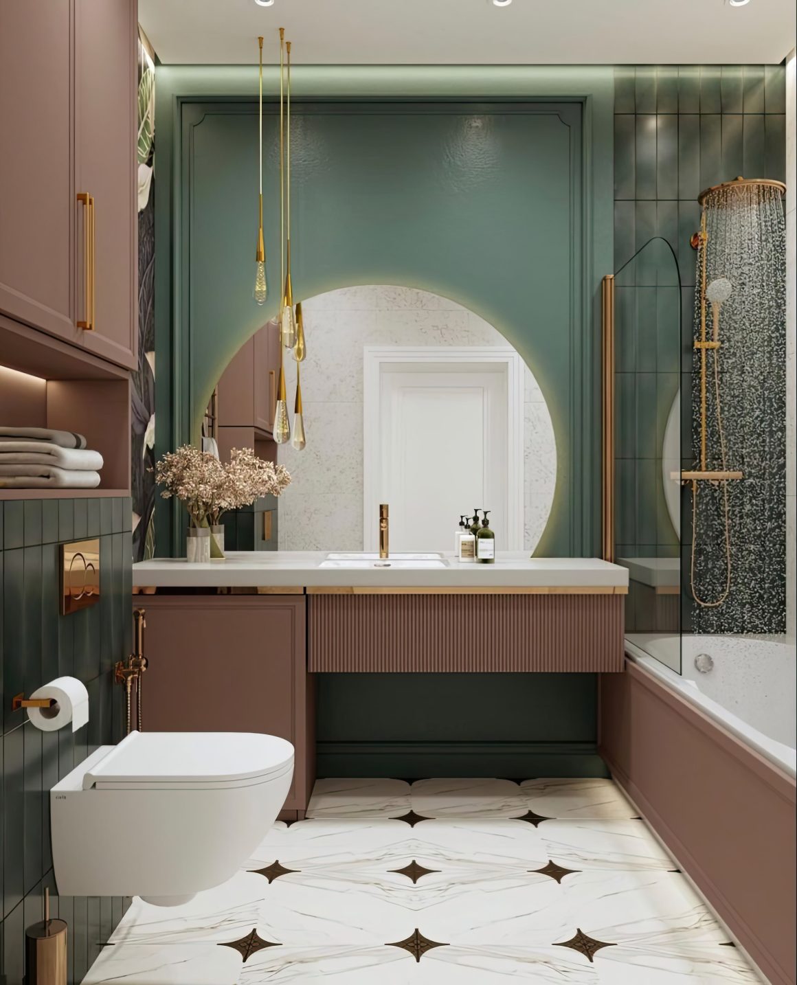 Salle de bains moderne, style élégant, tons verts et roses, luminaires dorés et matériaux raffinés.