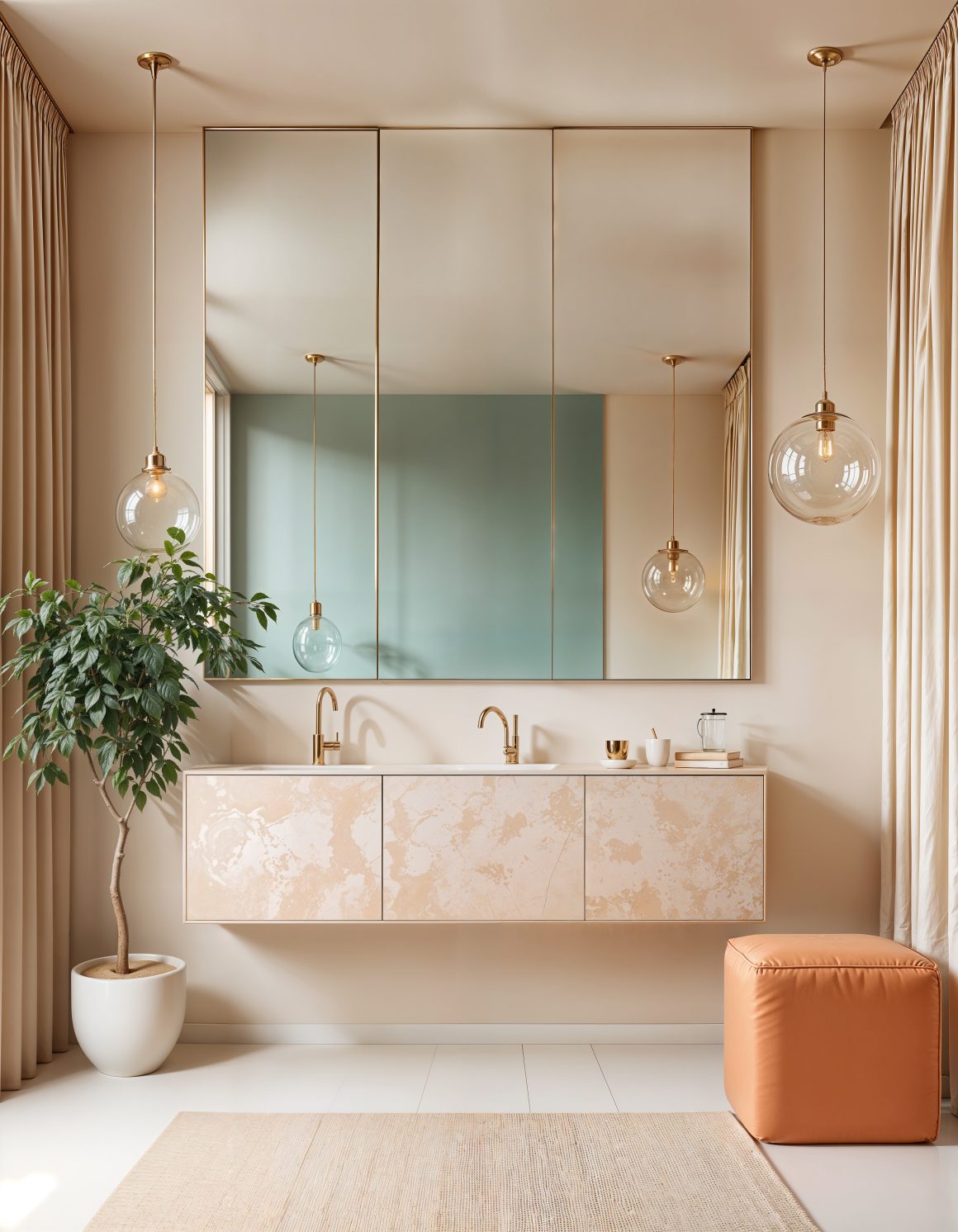 salle de bain terracotta et beige, magnifique combinaison, assise en cuir terracotta