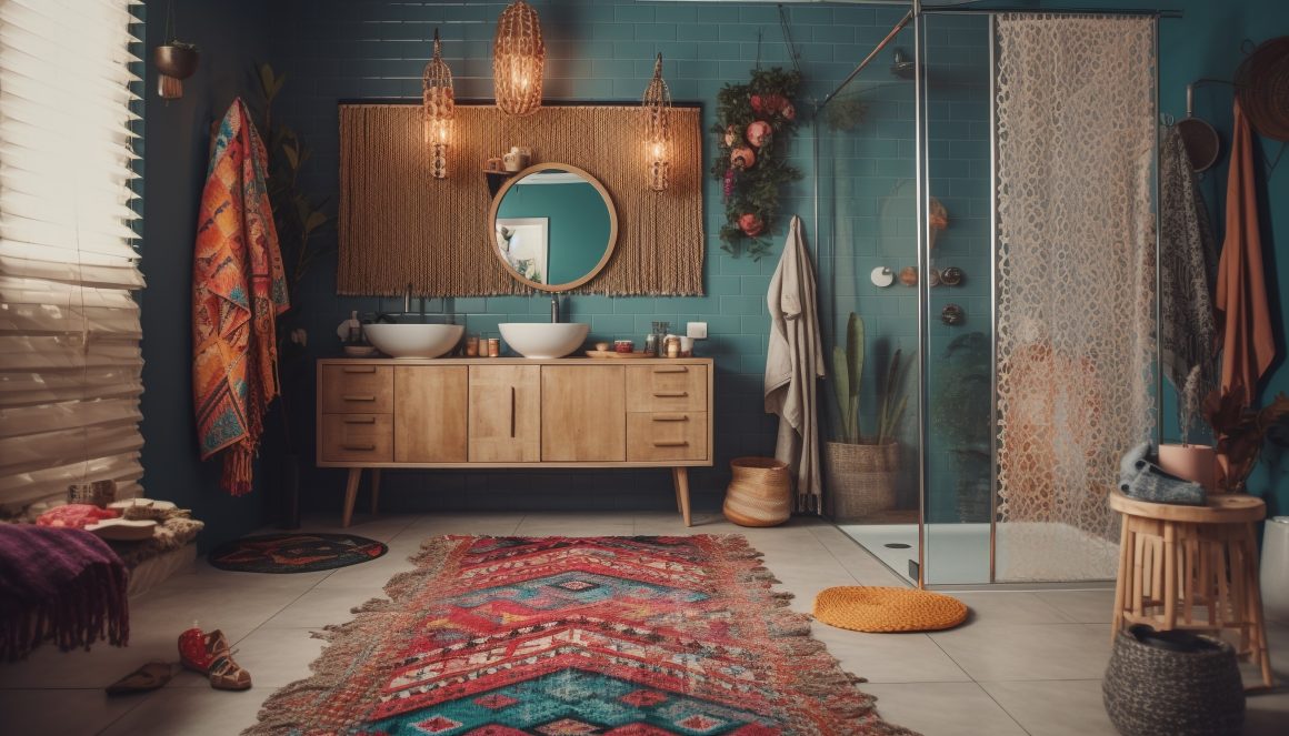 salle de bains avec meubles en bois naturel tapis artisanal, style andalouse