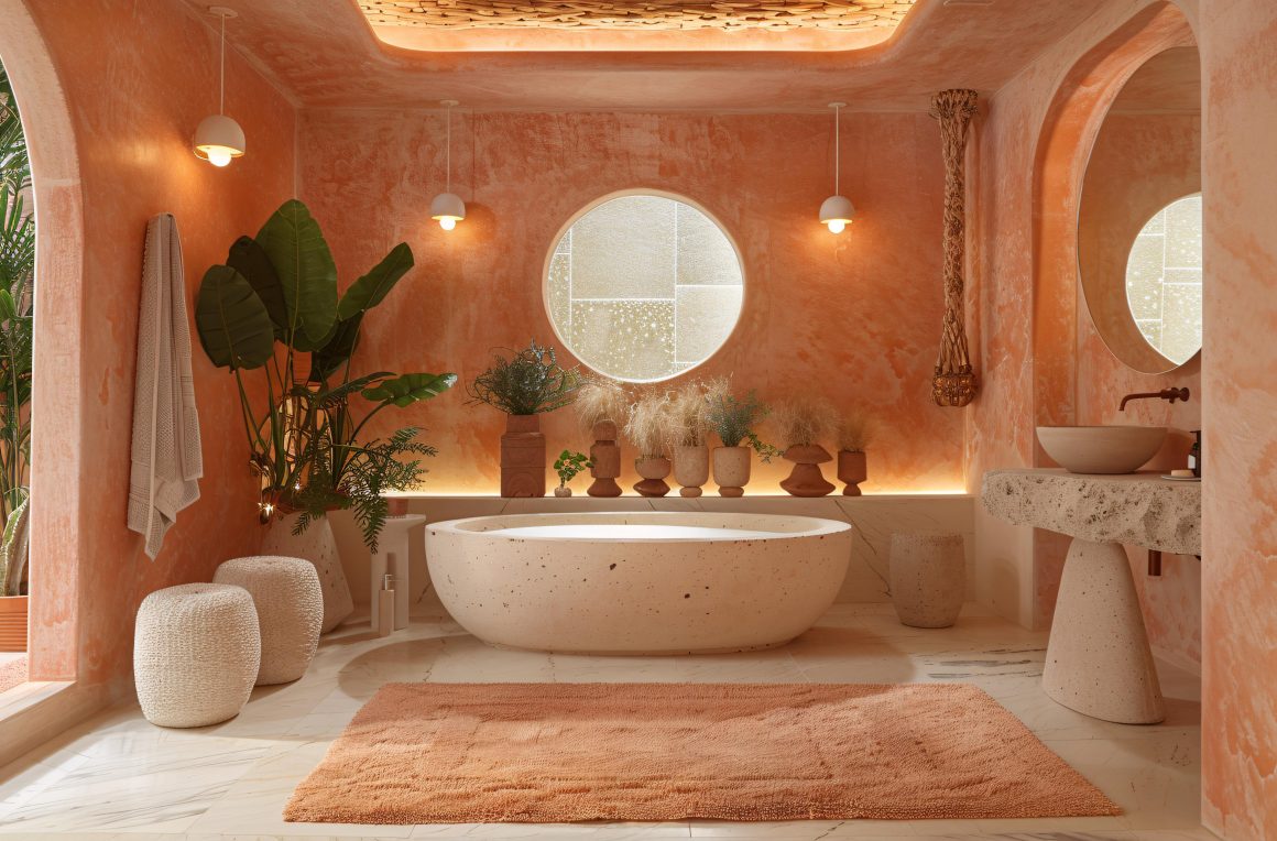 salle de bains terracotta, en marbre et pierres naturelles, ambiance raffinée
