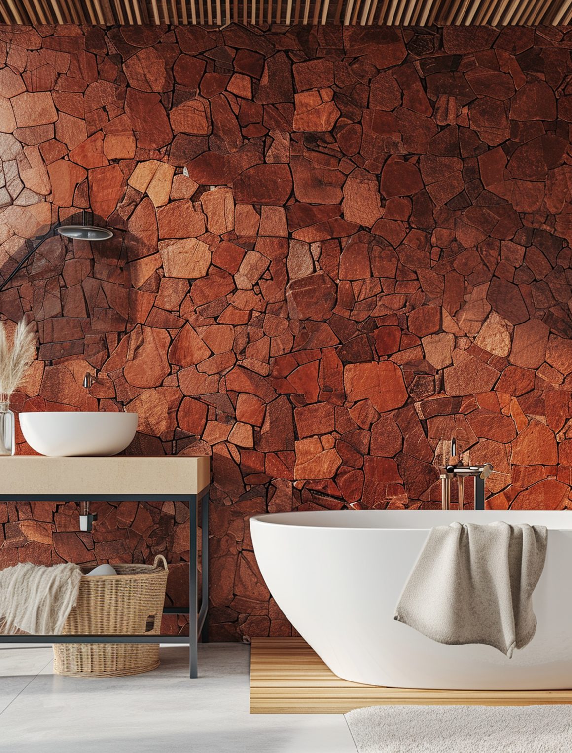 Salle de bains moderne avec mur en pierres terracotta , baignoire blanche et un meuble en bois.