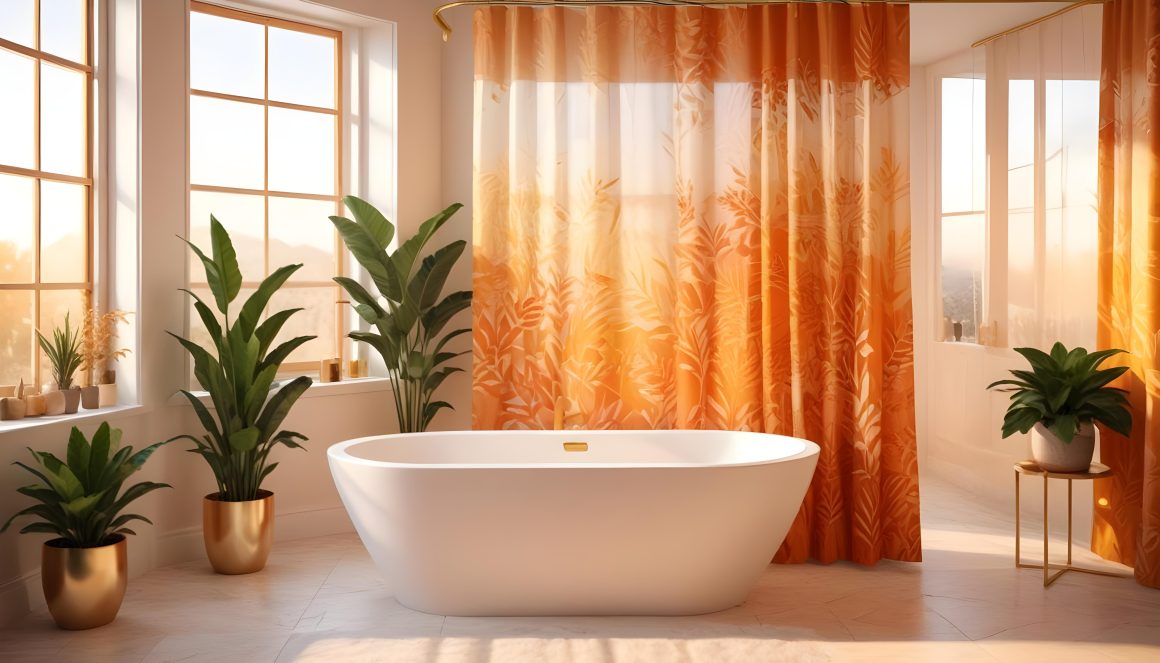 Salle de bains moderne, baignoire élégante, rideau aux motifs floraux orange, grandes fenêtres, lumière naturelle, plantes vertes décoratives.