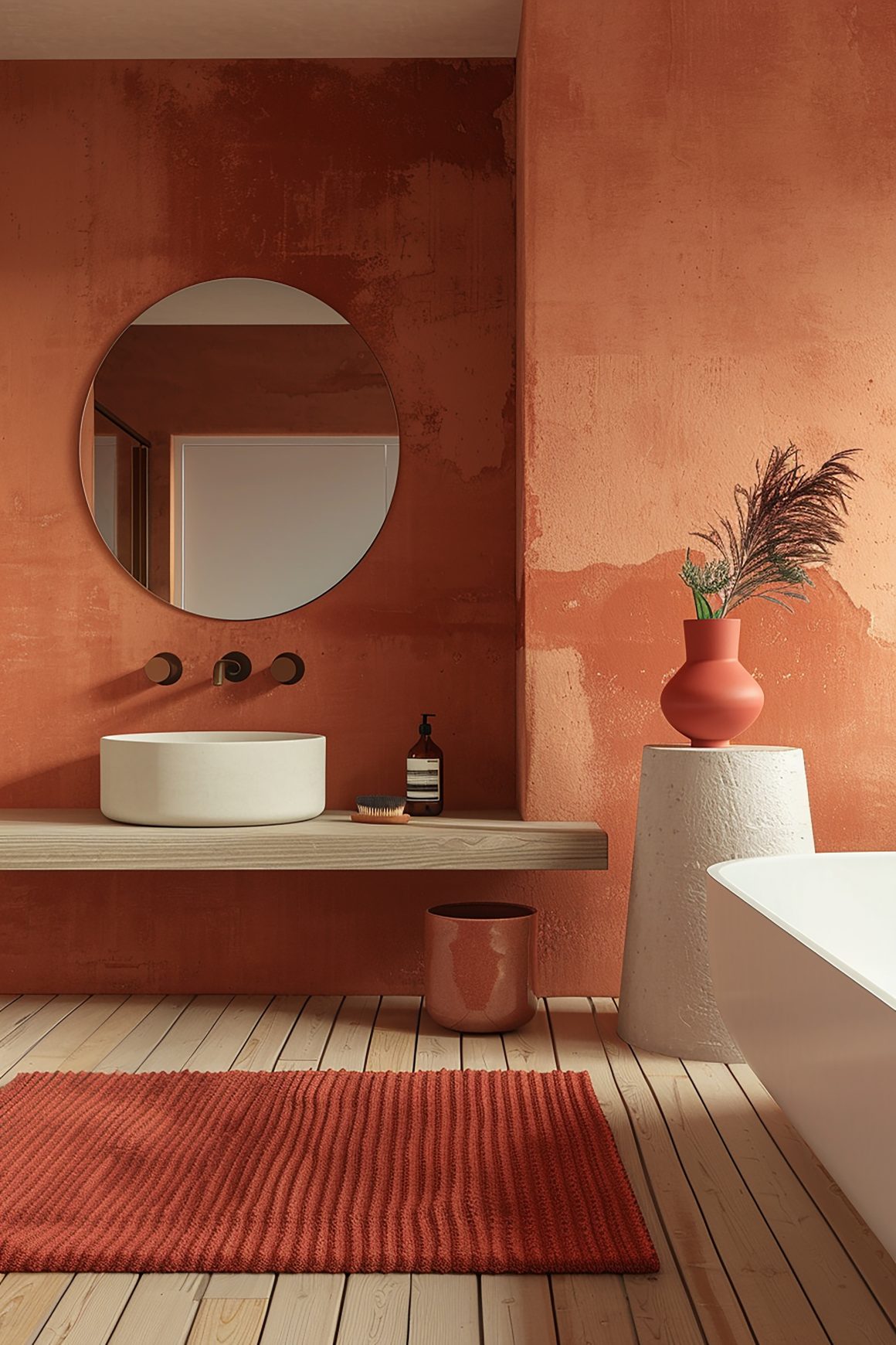 salle de bains terracotta équipée d’un miroir rond, lavabo minimaliste et accessoires élégants.