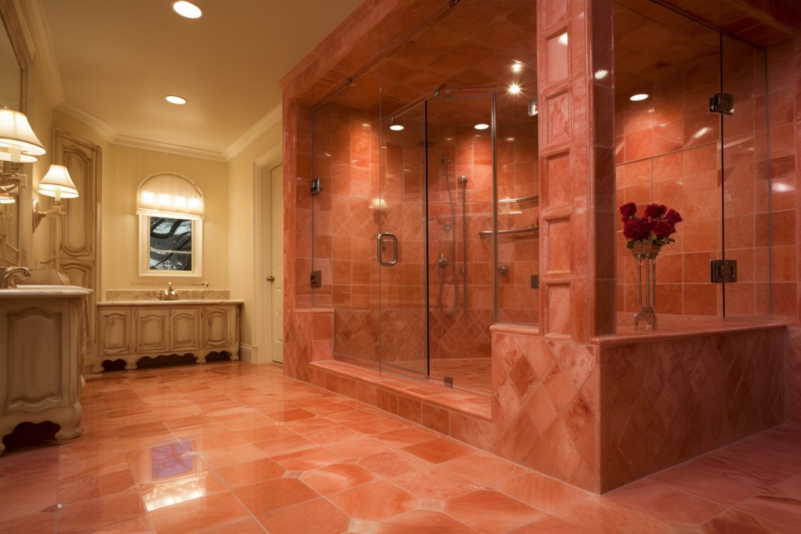 Parfaite touche de luxe, salle de bains terracotta et beige, avec des meubles vintage