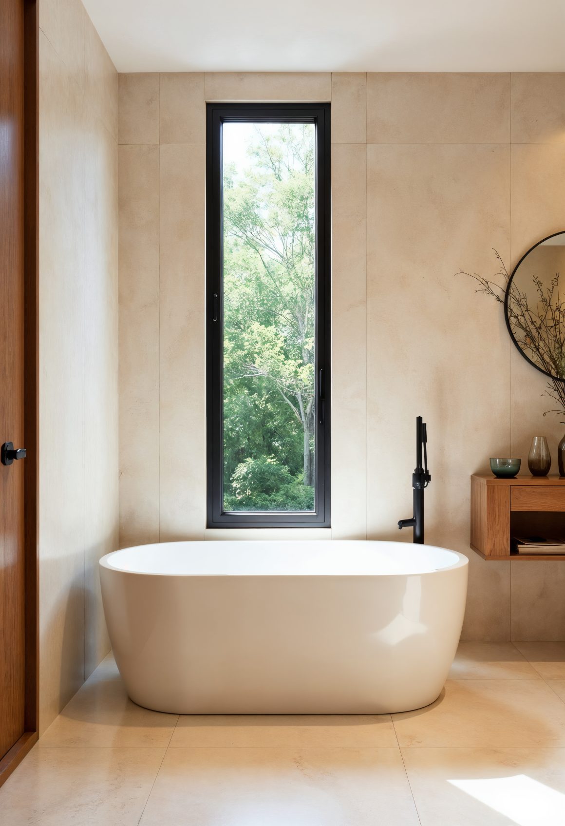 salle de bains en marbre terracotta et beige, baignoire autonome élégante, grande fenêtre offrant une vue sur la nature, éclairage doux et ambiance apaisante.