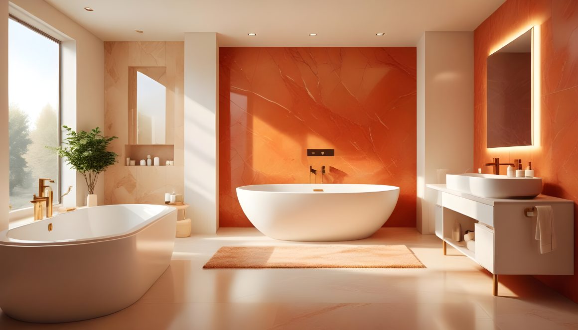 Salle de bains moderne, murs terracotta, baignoire design, lumière naturelle, éléments dorés et plantes décoratives.