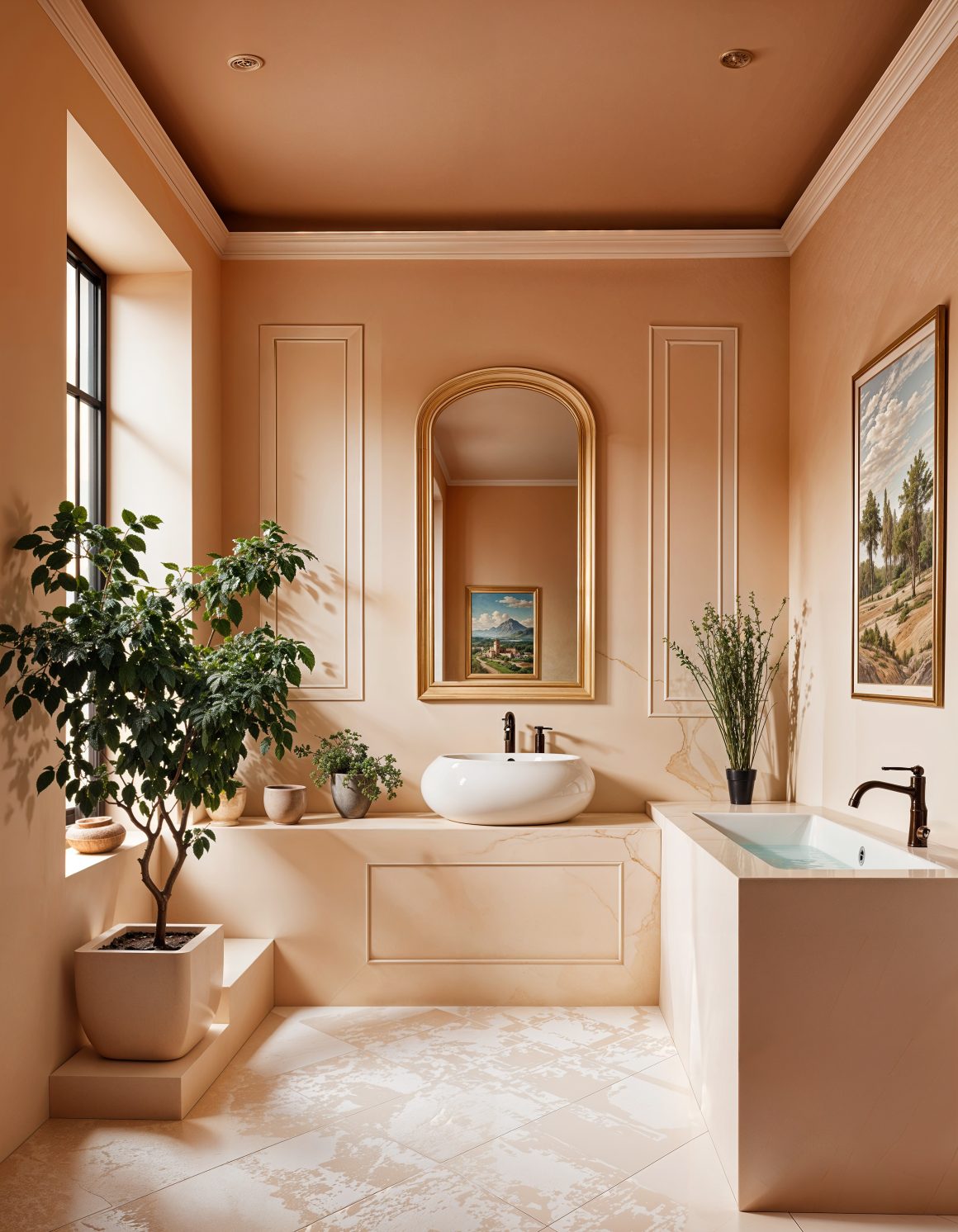 salle de bains au design raffiné avec un lavabo encastré, des éléments de rangement intégrés, des pots de plantes et des étagères discrètes.