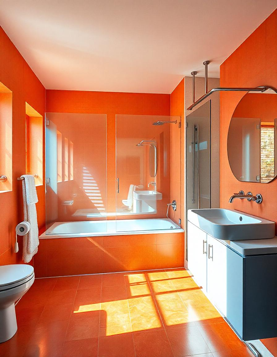 Salle de bains moderne avec murs orange, une baignoire vitrée, une douche, un meuble lavabo.