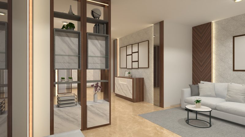 espace moderne avec un séparateur pièce en bois élégamment conçu vitres et marbre offrant une ambiance chaleureuse et raffinée