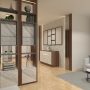 espace moderne avec un séparateur pièce en bois élégamment conçu vitres et marbre offrant une ambiance chaleureuse et raffinée