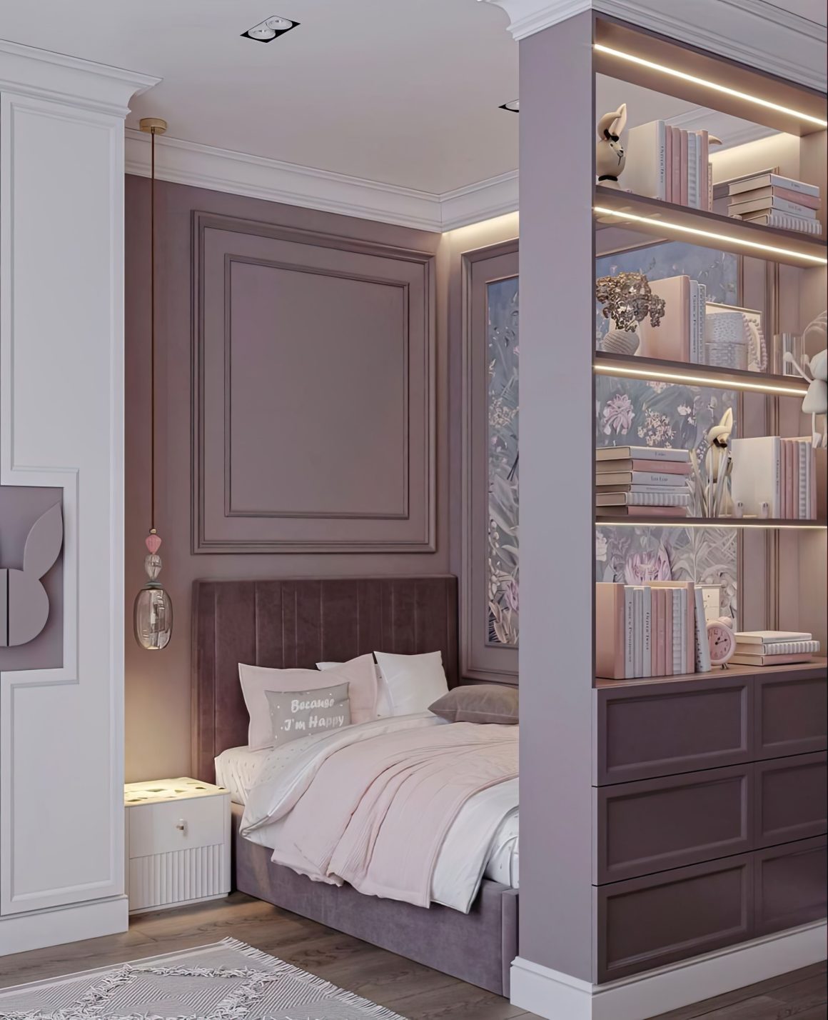 Chambre élégante avec des murs mauves, lit confortable, éclairage doux et une bibliothèque qui sert de séparer la pièce.