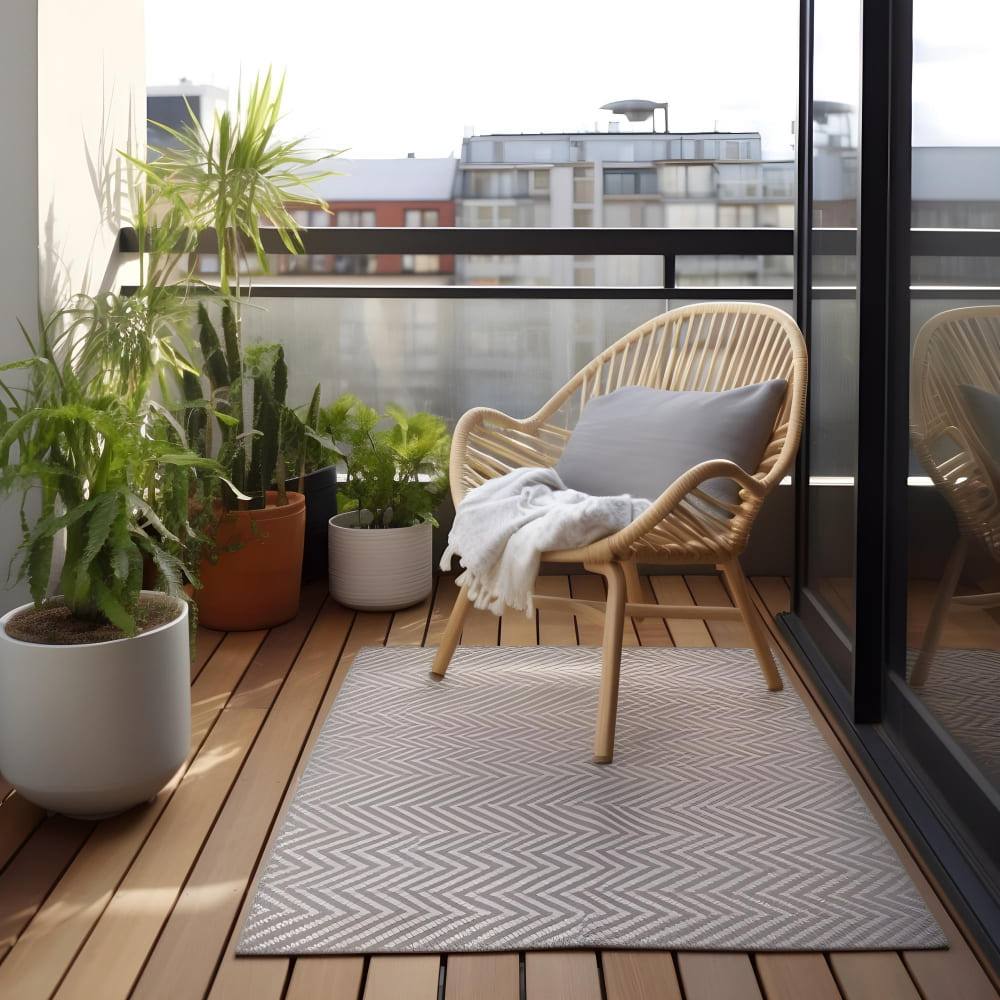 un tapis sur la terrasse, avec un fauteuil en osier et des plantes vertes en déco