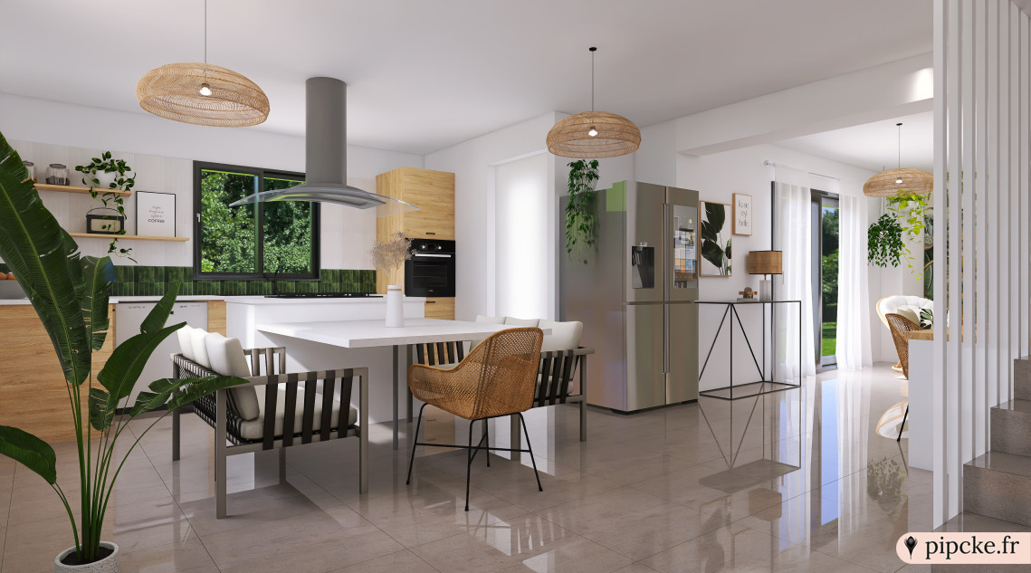 Espace ouvert incluant une cuisine moderne, une table blanche, des chaises en bois et en rotin, un réfrigérateur argenté, des plantes vertes, des luminaires suspendus et des grandes fenêtres lumineuses.