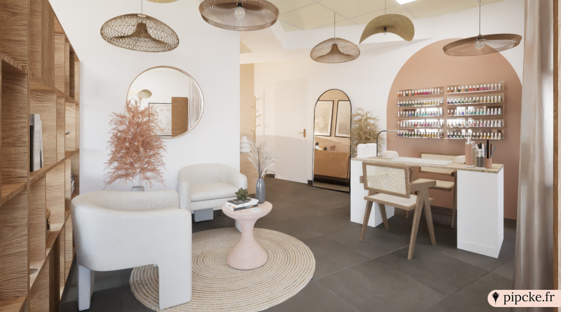 Salon d'esthétique présentant des couleurs douces et incluant des fauteuils confortables, un comptoir moderne avec des vernis colorés, des accessoires naturels, et une ambiance chaleureuse énergisée par un éclairage délicat, rénovation réalisée par un architecte de Pipcke.