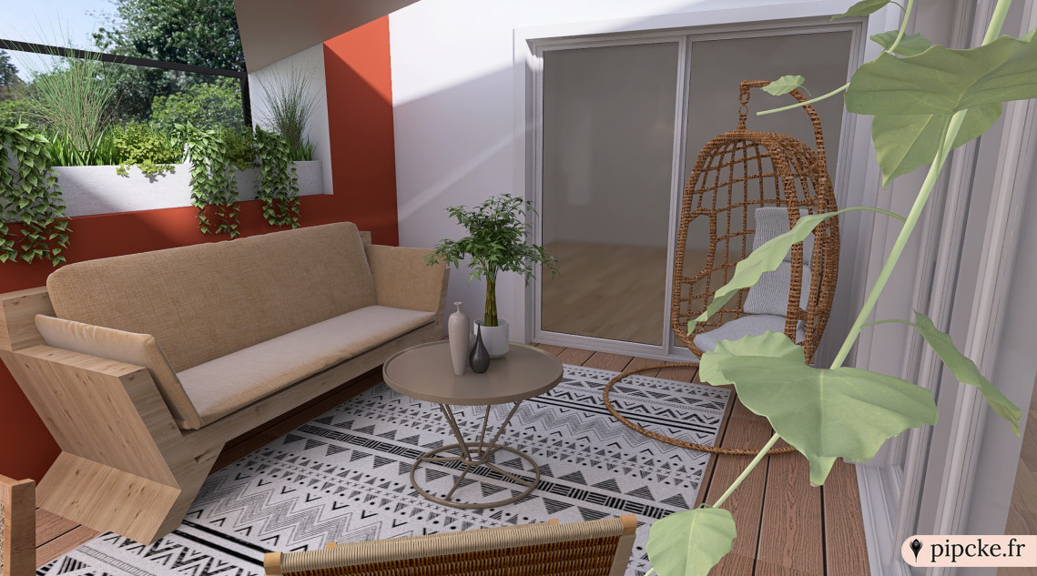 Terrasse en bois chaleureuse, équipée de mobilier confortable, agrémentée de plantes vertes, créant un espace apaisant et convivial.