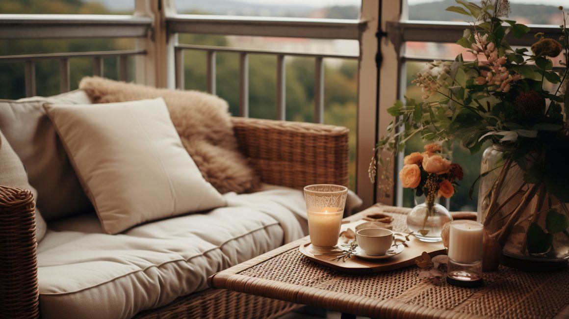 aménager un petit balcon accueillant avec canapé en osier, coussins, table décorée de fleurs, bougies et une tasse pour une ambiance cosy.