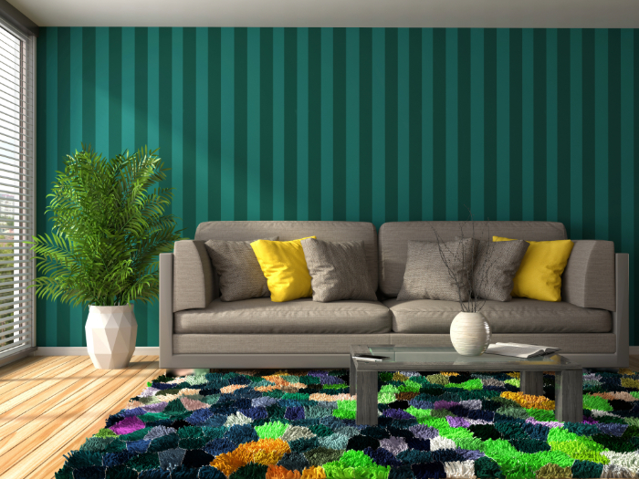 espace moderne avec un canapé 2 places, des coussins, une table basse, un tapis coloré et des plantes vertes.