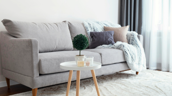 un canapé 2 places agrémenté de coussins aux teintes douces avec un plaid douillet et une table basse dans un salon moderne.
