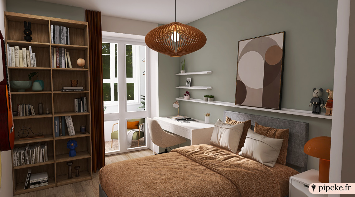 chambre ado avec un lit douillet avec des coussins, un bureau moderne, une étagère en bois remplie de livres, un lampadaire design et une loggia.