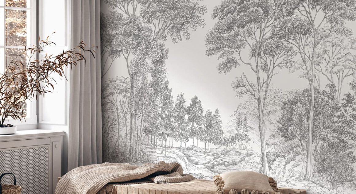 Une chambre avec du papier peint panoramique noir et blanc