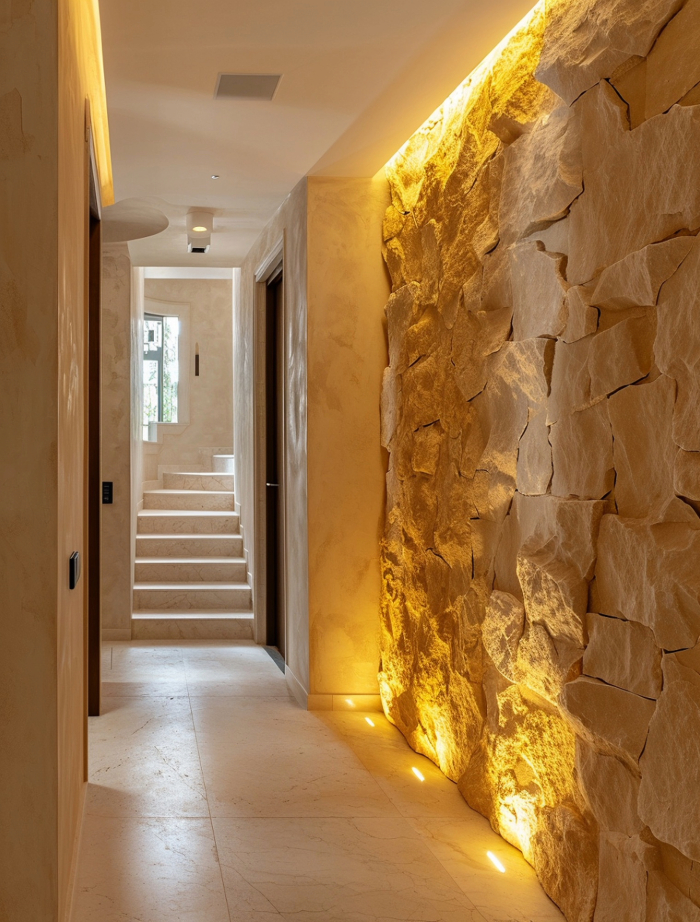 couloir moderne avec éclairage doux, murs en pierre, et escaliers lumineux.