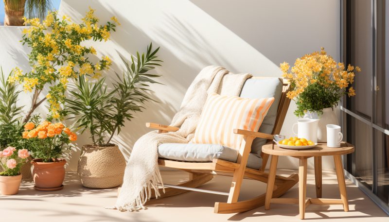 déco balcon cocooning incluant un fauteuil en bois clair, des coussins blancs et rayés orange, une couverture en laine beige, des pots en terre cuite et des fleurs jaunes, roses et vertes luxuriantes.