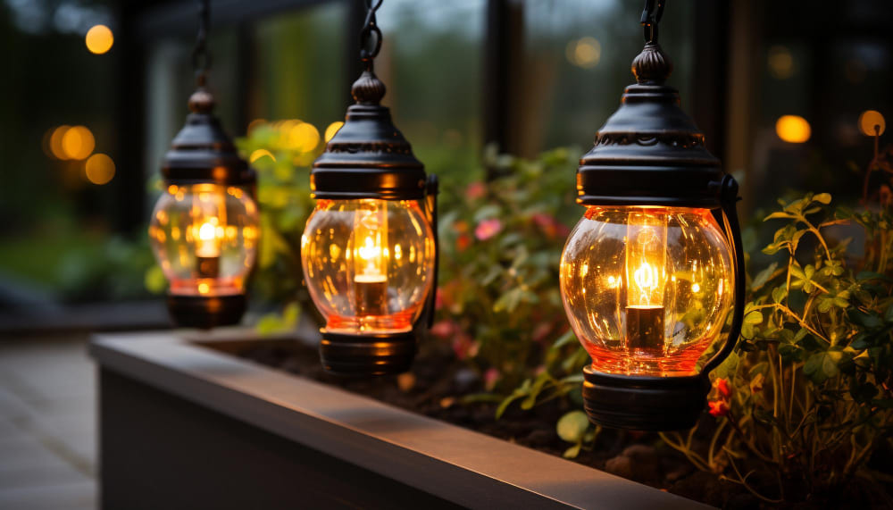 une décoration jardin extérieur avec trois lanternes tendance