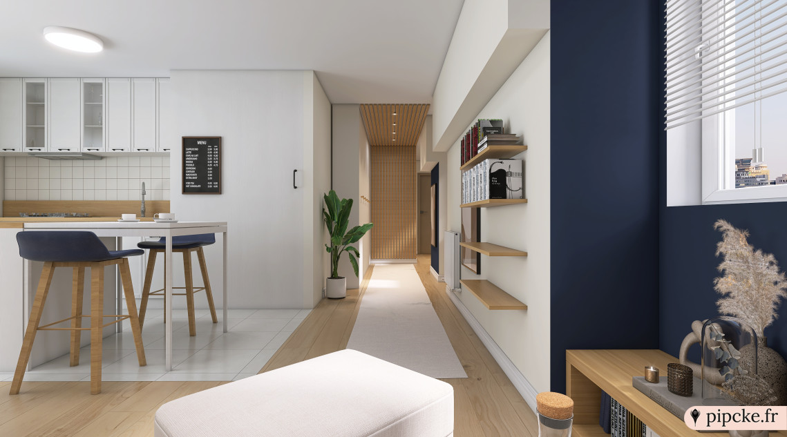 Hall d'entrée minimaliste présentant des lignes épurées, des couleurs neutres, un éclairage doux et des éléments décoratifs simples.