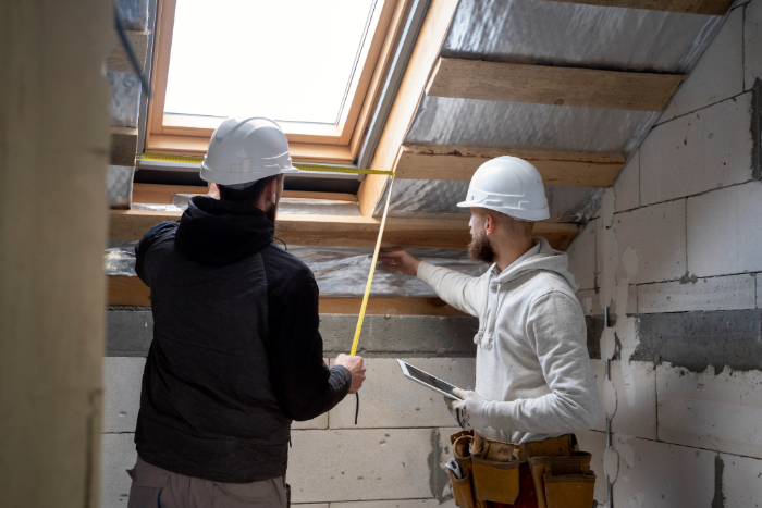 Deux ouvriers mesurent et discutent près d'une lucarne dans une construction avec des casques.