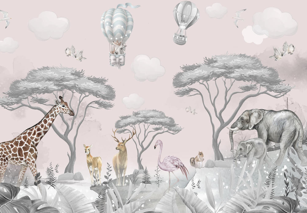 Du papier peint tendance dans une chambre d'enfant avec des paysages en noir et blanc et des animaux colorés