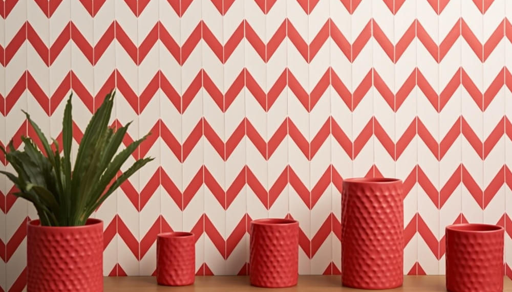 Du papier peint tendance géométrique, avec des couleurs corail et blanc