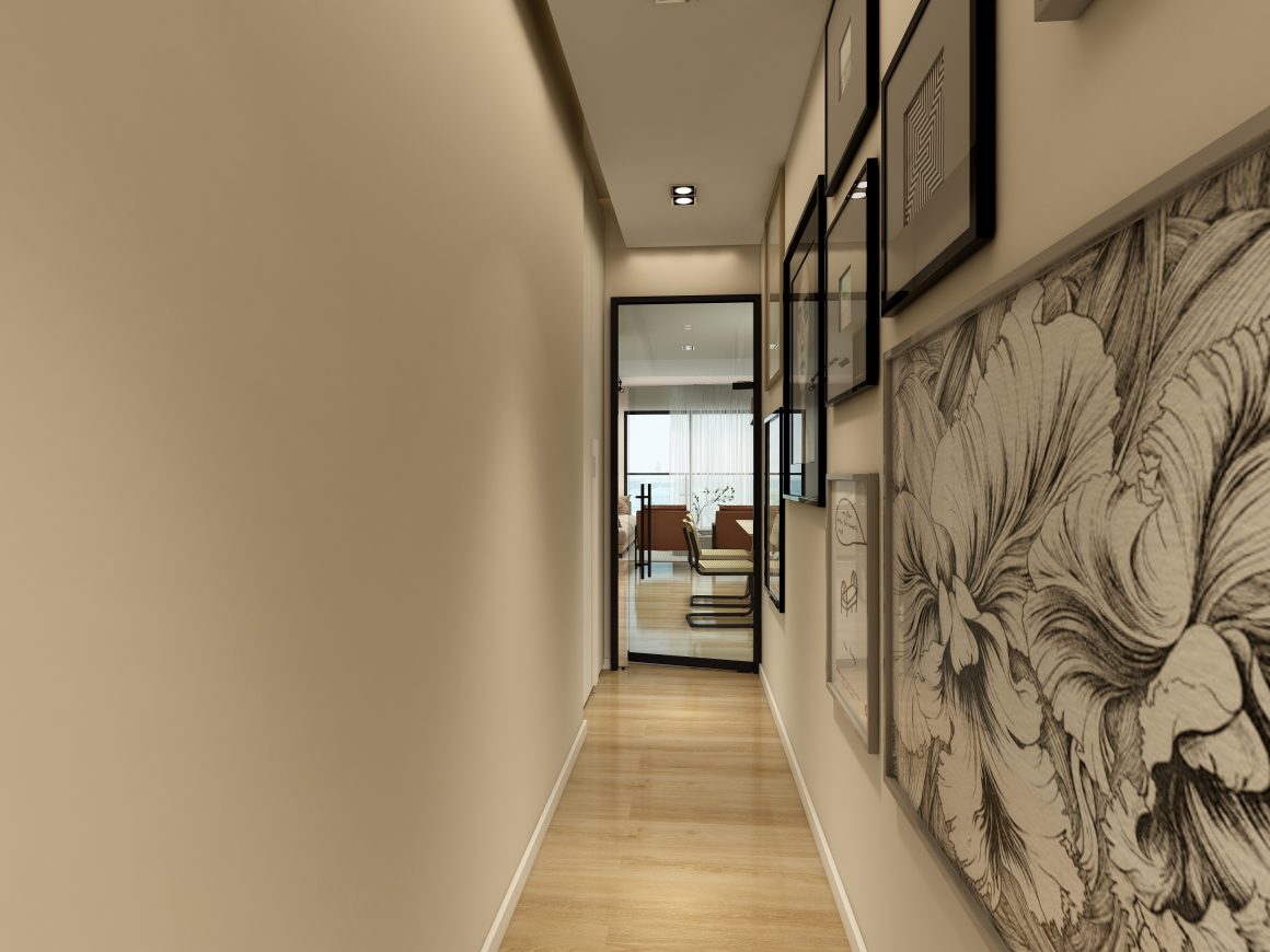 couloir lumineux avec une peinture en beige et un papier peint