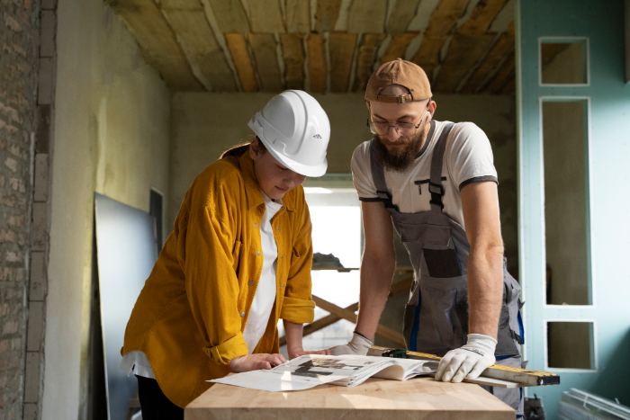 Deux personnes collaborent sur un projet de construction et de rénovation d'une maison ancienne, examinant des plans sur une table.
