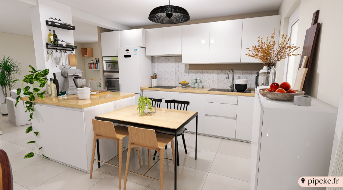 cuisine avant après relooking, avec une crédence noir et blanc ornée de motifs géométriques, des placards aux façades blanches et du mobilier de style scandinave