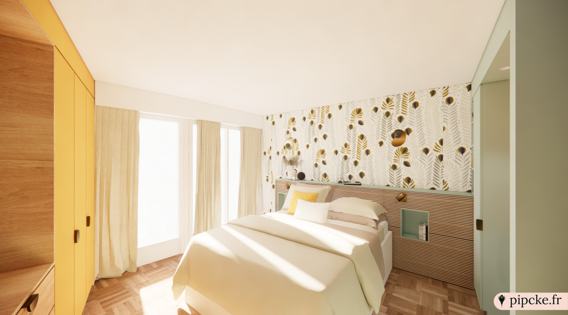 Chambre moderne et lumineuse avec un lit confortable, des murs ornés de motifs botaniques, des rideaux clairs, des meubles en bois avec des accents jaunes.