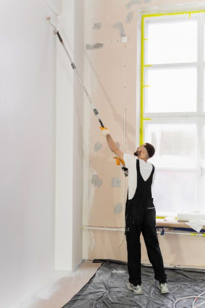Ouvrier peintre utilise un rouleau pour peindre un mur.