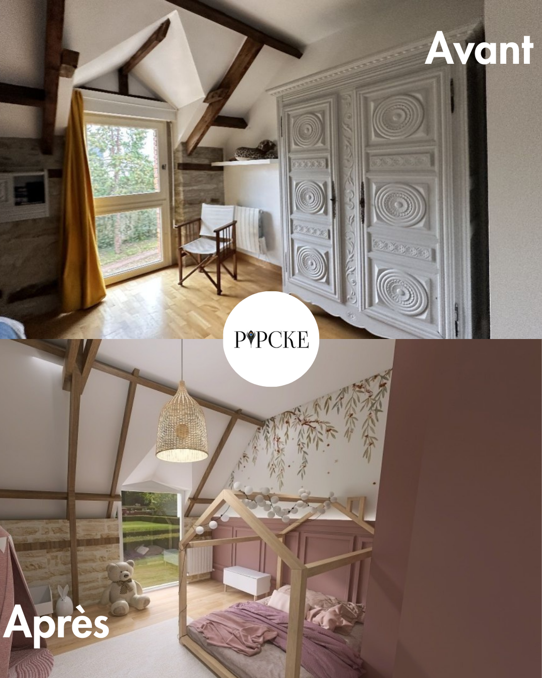 Rénovation maison ancienne, avant : chambre simple avec murs en pierre et mobilier ancien. Après : espace modernisé avec murs peints en douceur, motifs floraux et un lit original.
