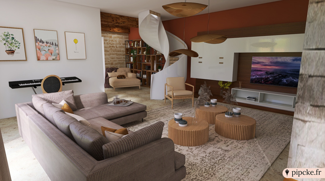 Espace de vie moderne avec canapés confortables, tapis texturé, télévision murale, livres, plantes et escalier en colimaçon.