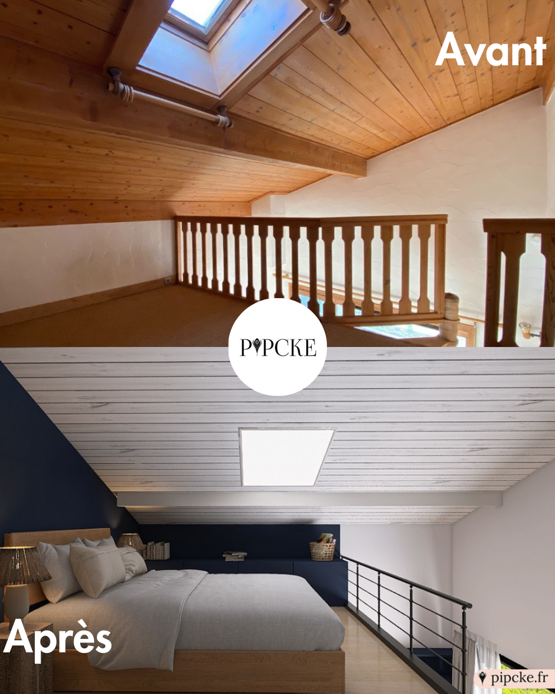 Rénovation maison avant après : l'avant de cet espace sous comble est en bois brut, l'après propose un design moderne et minimaliste avec luminosité.