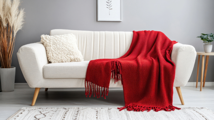 canapé blanc moderne avec un plaid rouge, coussin beige et décoration élégante.