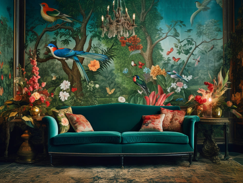Une tapisserie dans le style exotique très coloré, avec des fleurs et des oiseaux, derrière avec un canapé vert