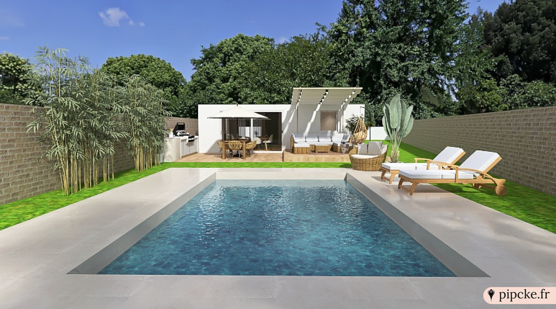 Une terrasse avec une piscine, des chaises longues élégantes, un coin salon confortable avec parasol, une table en bois, des plantes décoratives et un barbecue.